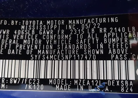 2022 Toyota Corolla Se из США, поврежденный, VIN 5YFS4MCE5NP117470